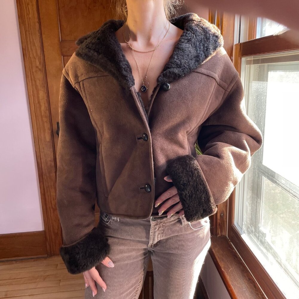 VTG Margaret Howell Shearling Jacket Chocolate Brown Suede Lambskin England Sz 8